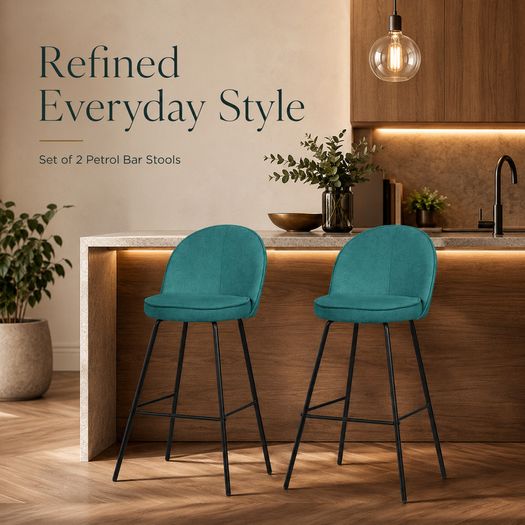Set of 2 Petrol Upholstered Bar Stools with Backrests and Black Steel Legs
