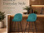 Set of 2 Petrol Upholstered Bar Stools with Backrests and Black Steel Legs