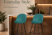 Set of 2 Petrol Upholstered Bar Stools with Backrests and Black Steel Legs