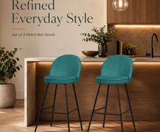 Set of 2 Petrol Upholstered Bar Stools with Backrests and Black Steel Legs