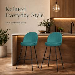 Set of 2 Petrol Upholstered Bar Stools with Backrests and Black Steel Legs