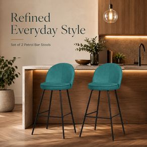 Set of 2 Petrol Upholstered Bar Stools with Backrests and Black Steel Legs