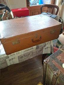Vintage Hard Travel Suitcase, 1940s to 1950s, featuring a rigid textured brown exterior, metal corner guards, and a molded carry handle, Measurements are in the photo's, Postage Available or Collection