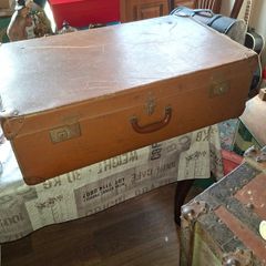Vintage Hard Travel Suitcase, 1940s to 1950s, featuring a rigid textured brown exterior, metal corner guards, and a molded carry handle, Measurements are in the photo's, Postage Available or Collection