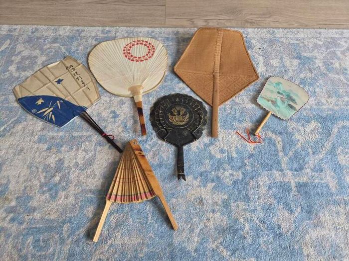 Collection of 6 Vintage Asian Hand Fans Japanese Uchiwa Bamboo Folk Art Decor