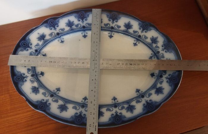 Fabulous Pair of Antique Flow Blue Victorian Graduated Platters, "Dudley" Pattern, by Ford & Sons, Burslem, Stoke-on-Trent, Circa 1893-1908, Perfect for Display