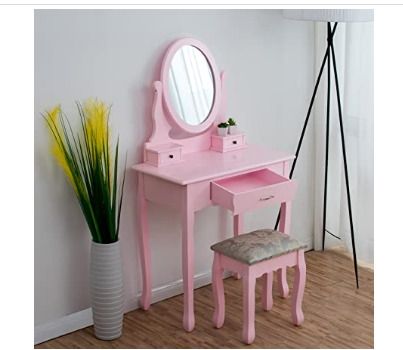 Bedroom Furniture Pink Dressing Table 3-Drawer Makeup Dresser Set with Stool Oval Mirror