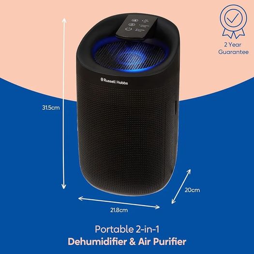 Ozone Free, 750ml/day 2 in 1 Black Dehumidifier/Air Purifier, 20m2 Room Size, LED Lighting & Captures Bacteria, for Home, Kitchen, Basement, Garage, Caravan