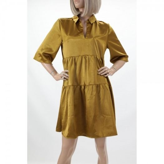 Object gold mustard ruffle flounce tiered smock shirt collar dress size EU 40