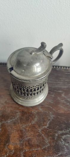 Pewter Condiment Set, blue glass and pewter design. mustard and salt