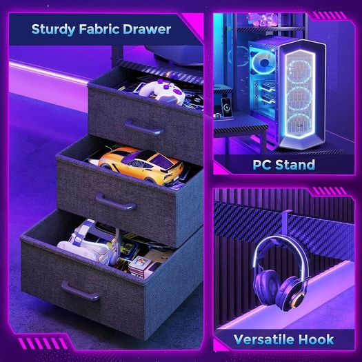 Gaming Desk with Drawers Display Shelves 120x48 cm Computer LED Lights Sockets Reversible PC Table Monitor Stand Carbon Fiber Black