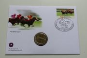 Horse racing coin &amp; stamp cover  USA 1999 quarter dollar BUNC misaligned error