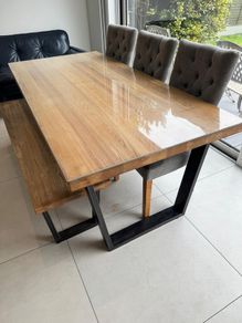 Tables, 3 grey chairs, bench and glass cover
