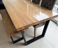 Tables, 3 grey chairs, bench and glass cover