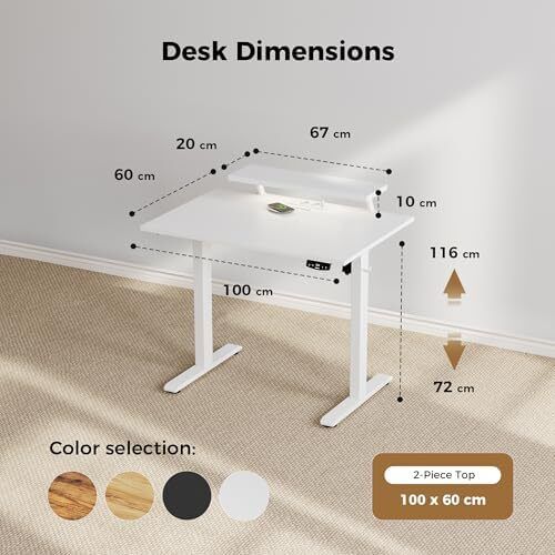 Electric Standing Desk with Movable Monitor Stand, Height Adjustable Desk with 2 Memory Buttons, 100 x 60 cm with LED Strip Light and USB-C Port, for Home Office, White