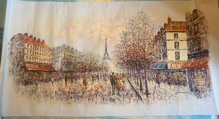 Large Hand Painted Oil on Canvas - Vintage Parisienne Scene