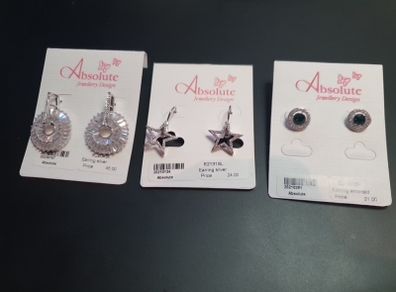 NEW 3 pairs of earrings by Absolute Jewellery Design Silver color Emerald Star Sparklings stones RRP95Eur