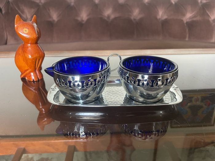 Vintage Silver Chromed Metal Cobalt Blue Glass Sugar and Creamer Set Serving Tray