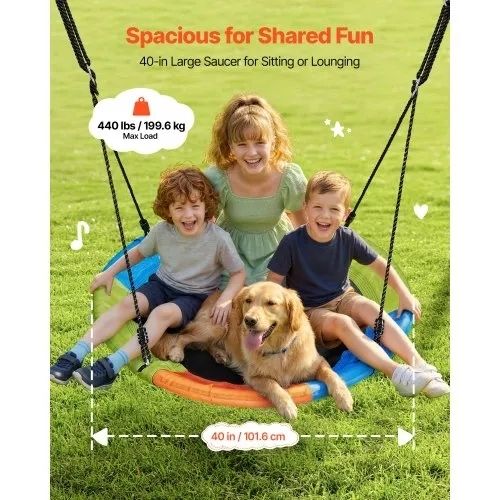 Swing Set for Backyard, 100 cm Saucer Swing Seat with Heavy Duty A-Frame Metal Stand, 199.6 kg Load Capacity, Reinforced with Spiral Ground Anchors, Swingset Outdoor for Kids, Green and Colorful