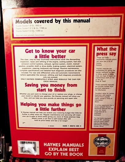 Haynes. Toyota Starlet. Rear Wheel Drive. 1978/85. Owners Workshop Manual.