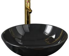 Bathroom Sink with Tap and Push Drain Black Tempered Glass