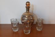 Fabulous Vintage Retro Mid-Century-Modern Small Pale Pink Glass Decanter with Gold and Silver Gilt Banding Plus Five Liqueur Glasses, Irice, Czechoslovakia