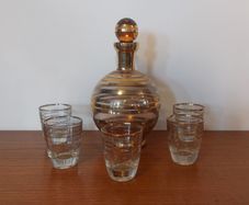 Fabulous Vintage Retro Mid-Century-Modern Small Pale Pink Glass Decanter with Gold and Silver Gilt Banding Plus Five Liqueur Glasses, Irice, Czechoslovakia