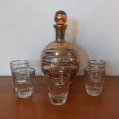 Fabulous Vintage Retro Mid-Century-Modern Small Pale Pink Glass Decanter with Gold and Silver Gilt Banding Plus Five Liqueur Glasses, Irice, Czechoslovakia