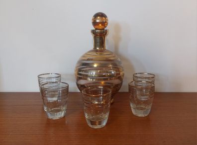Fabulous Vintage Retro Mid-Century-Modern Small Pale Pink Glass Decanter with Gold and Silver Gilt Banding Plus Five Liqueur Glasses, Irice, Czechoslovakia
