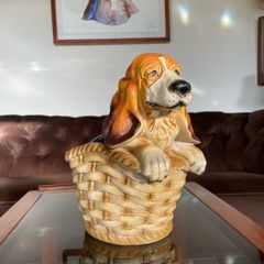 Adorable Ceramic Basset Hound or Beagle in a Basket