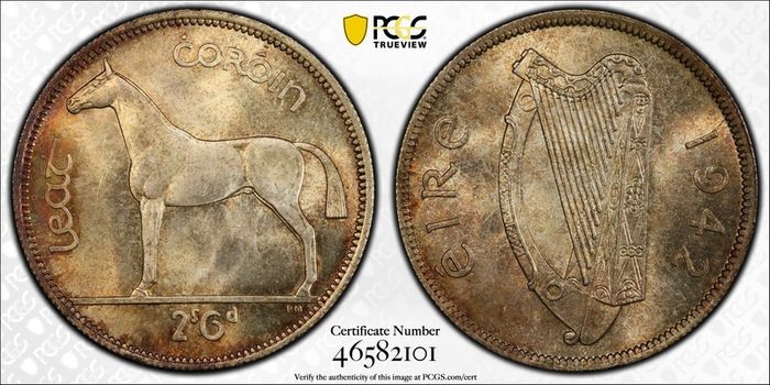 Ireland 1942 Silver 1/2 Half Crown PCGS MS65 Stunning Gem