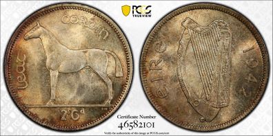 Ireland 1942 Silver 1/2 Half Crown PCGS MS65 Stunning Gem