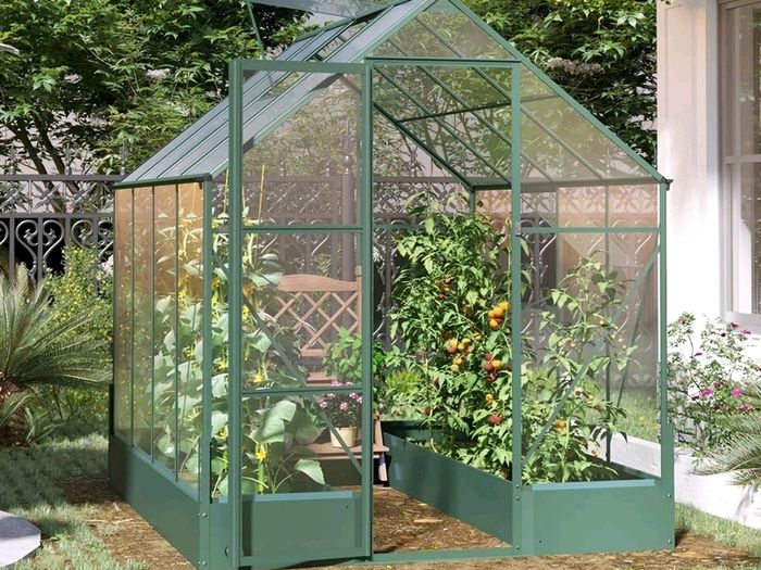 New Garden Walk-in Polycarbonate Greenhouse with Raised Garden Bed 6ft x 8ft