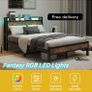 Double Bed Frame 135 x 190 cm with Wooden Storage Headboard, Black Charging Station, LED Lights, Heavy Duty Metal Slats, Under Bed Storage,No Box Spring Needed,Easy Assembly Image 4
