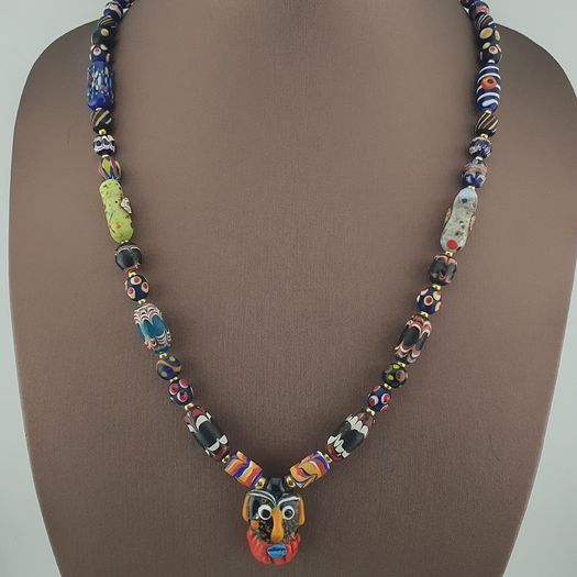 Antique Venetian Style MultiColor Mix Glass & Old Face Glass Pendant Necklace
