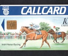 1991 Ireland 10 unit Irish Horse Racing Definitive Callcard with Gemplus Chip, Dame Lane Address, Matt finish, Single Print Flag, Barcode Used. Telecom Eireann card number 1033.