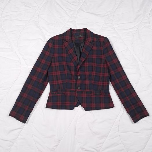 Zara Burgundy Red & Navy Blue Tartan Plaid Tailored Blazer Jacket Size L
