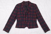 Zara Burgundy Red &amp; Navy Blue Tartan Plaid Tailored Blazer Jacket Size L