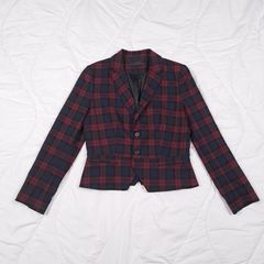 Zara Burgundy Red & Navy Blue Tartan Plaid Tailored Blazer Jacket Size L