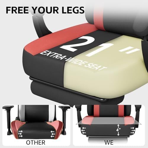 Gaming Chair Computer Chairs with Massage Lumbar Support & Headrest, Ergonomic Technology Fabric Gaming Chair for Adults, PC Chair Gamer Chairs with Footrest, 300LBS, Black-Red