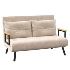 Sleeper Sofa 2-Seater Sofa Velvet Sofa, Sleeper Function, incl. 2 Pillows, Velvety Look, Natural Beige Black