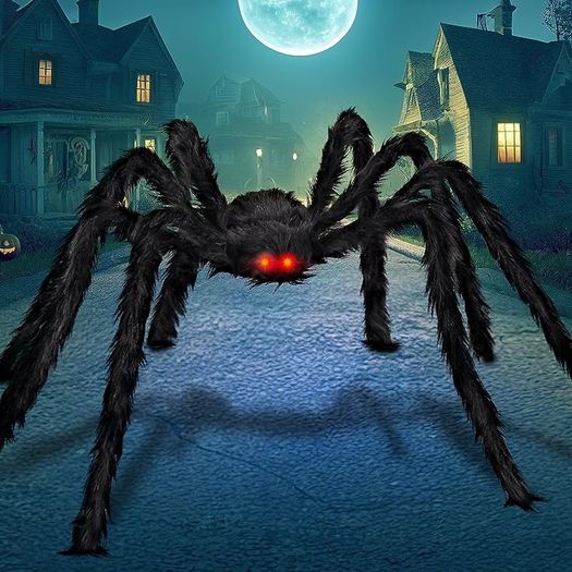 6.5ft Halloween Hairy Spider Outdoor Decorations,Light-up LED Eyes Scary Giant Spider Fake Large Spider Hairy Spider Props for Halloween Yard Decorations Party Outdoor and Outdoor Decor, Black