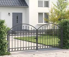 Fence Gate Double Door with Arched Top Steel 300x125 cm Black
