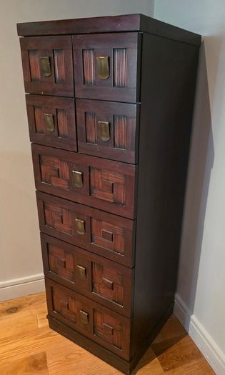 Solid Dark Wood Tallboy / Chest of Drawers - Asian Inspired