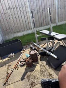 dumb bells, bar bells and bench press