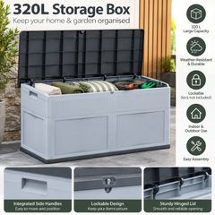 320L Outdoor Garden Storage Box  Lockable Grey Cushion & Tool Storage
