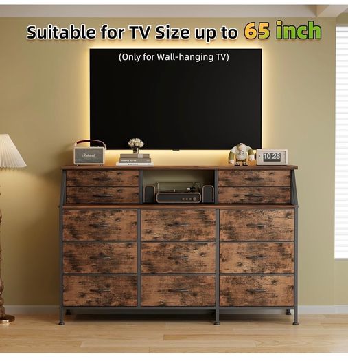 Dresser for Bedroom with 13 Drawers, 55 inchWide Chest of Drawers, Fabric Dresser with 2 Wooden Shelves, Storage Organizer Unit with Fabric Bins for Bedroom, Living Room, Hallway, Rustic Brown