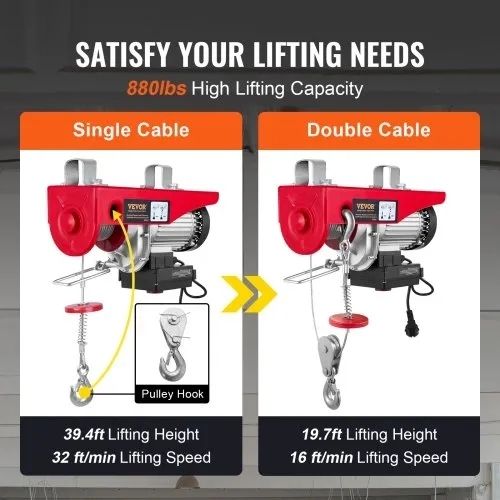 Electric Hoist, 399.2 kg Lifting Capacity, 850W 220V Electric Steel Wire Winch with Wireless Remote Control, 1219 cm Single Cable