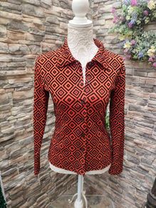 Vintage 70s blouse Orange & black geometric Size 38(size 6 or 8) postage included