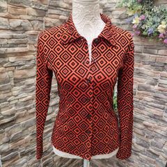 Vintage 70s blouse Orange & black geometric Size 38(size 6 or 8) postage included